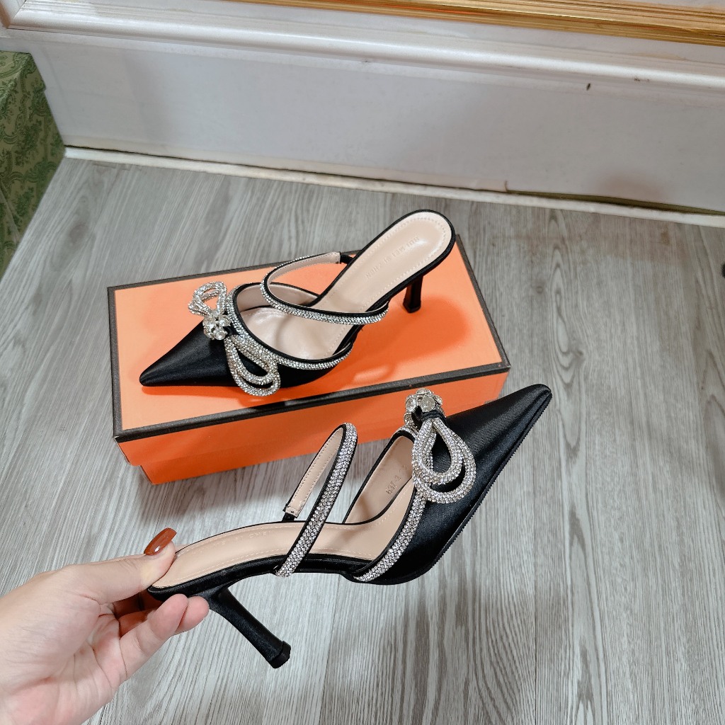 Giày sục nơ đá bạc mũi nhọn gót 7cm Fullbox