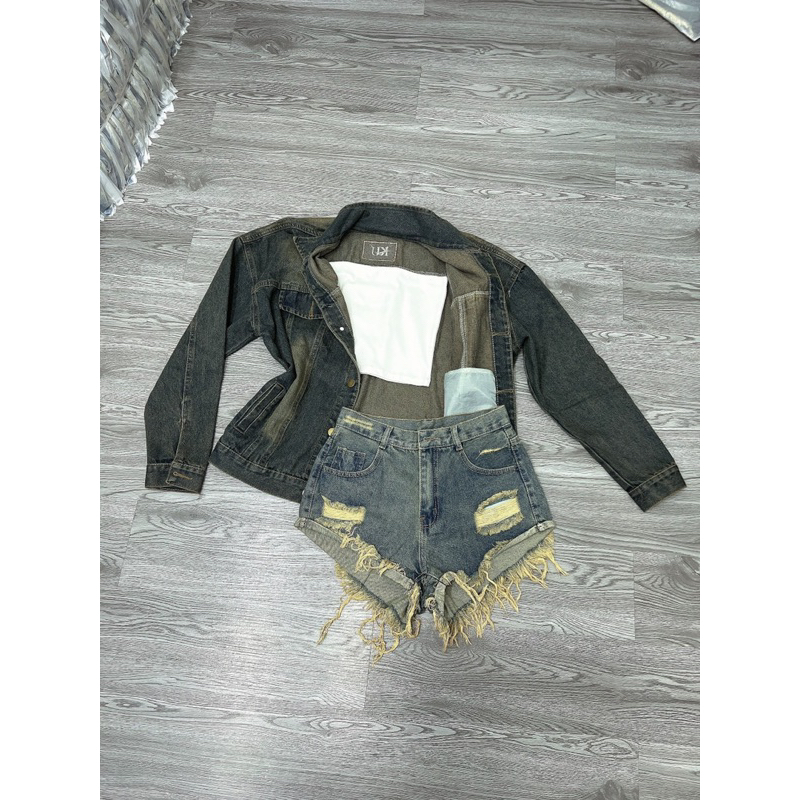 Áo khoát jeans phom dài màu bụi rêu