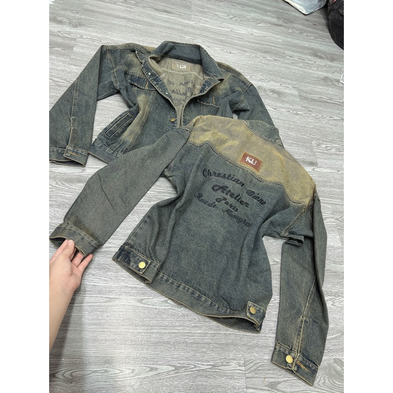 Áo khoát jeans phom dài màu bụi rêu