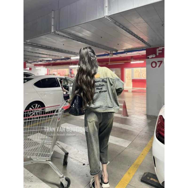 Áo khoát jeans phom dài màu bụi rêu