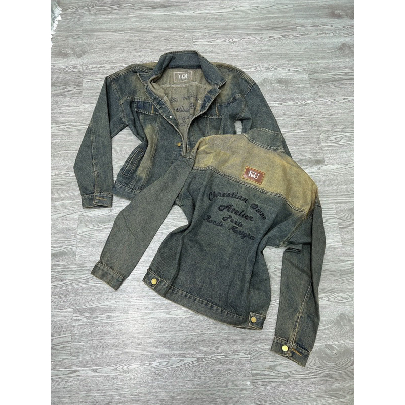 Áo khoát jeans phom dài màu bụi rêu