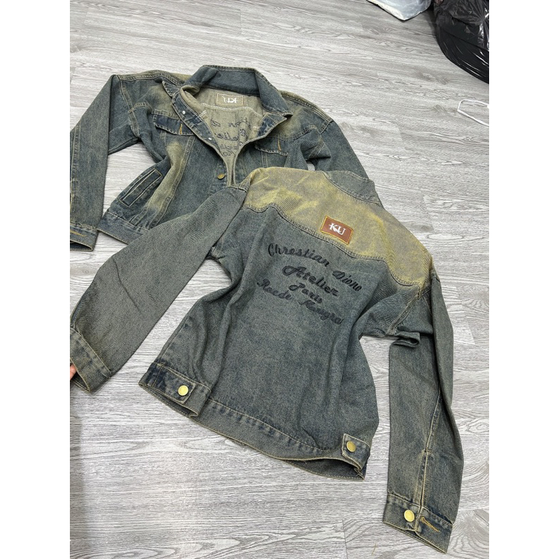 Áo khoát jeans phom dài màu bụi rêu