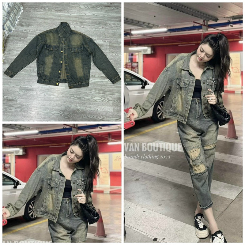 Áo khoát jeans phom dài màu bụi rêu