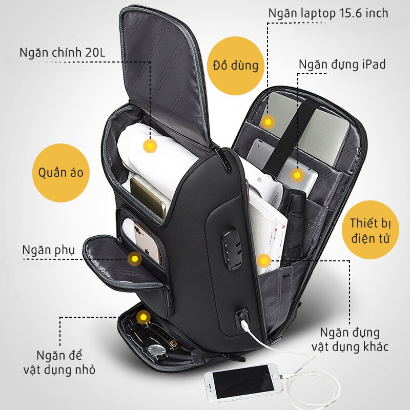 Balo laptop công sở, chống trộm khóa số – 15.6 inch – BANGE LOCKPACK V2 - ZÓNG®