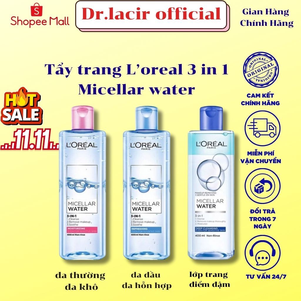 Nước tẩy trang 3-in-1 L'Oreal Paris Micellar Water| Loreal 400ml . Sản phẩm thích hợp với cả Da Dầu và Da Nhạy Cảm