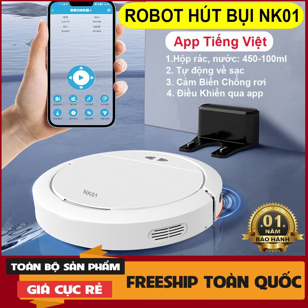 Robot Hút Bụi Lau Nhà, Máy Hút Bụi NK01 - Hút Cực Mạnh 4000pa, Tự Sạc, Pin 120p, App Điều Khiển, Chống Rơi