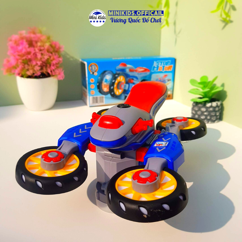 Đồ chơi xe Mô Tô, xe máy chạy pin biến hình xoay tròn 360 có nhạc và đèn led đẹp mắt  - Đồ chơi MiniKids