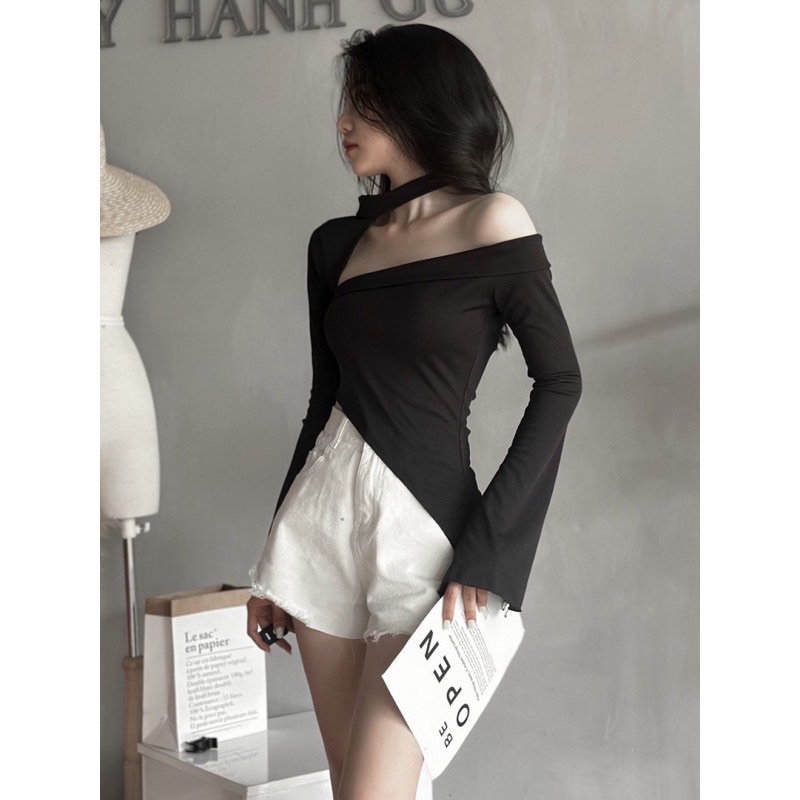 Áo kiểu nữ tà xéo nhọn 1 bên khoét vai phối tay kiểu cá tính chất vải thun gân len 4 chiều Free Size