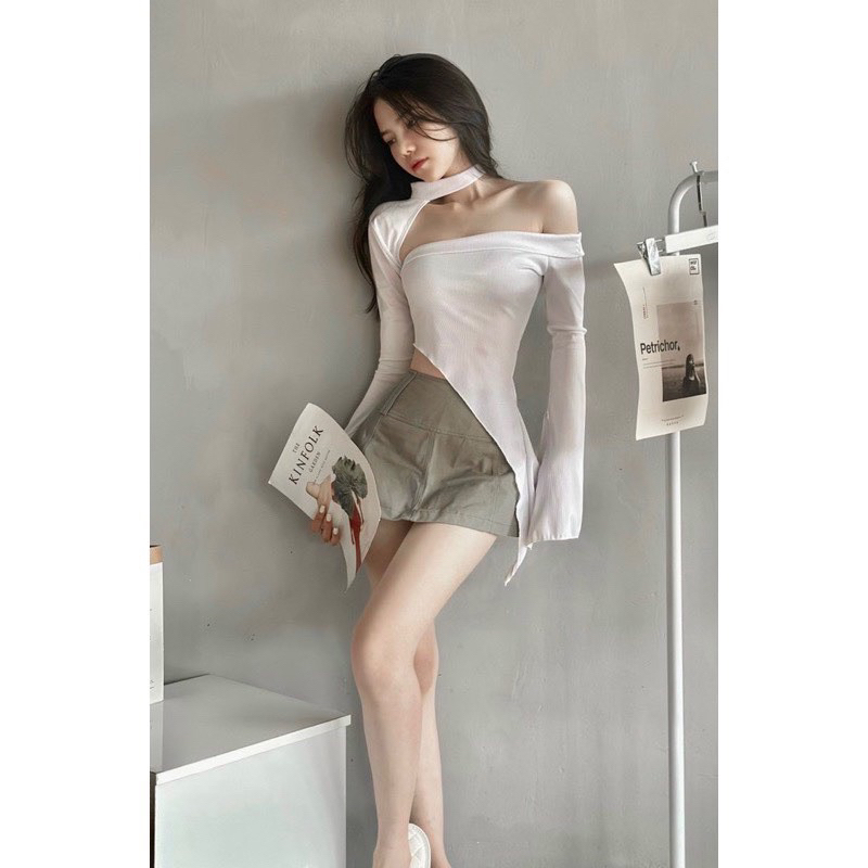 Áo kiểu nữ tà xéo nhọn 1 bên khoét vai phối tay kiểu cá tính chất vải thun gân len 4 chiều Free Size