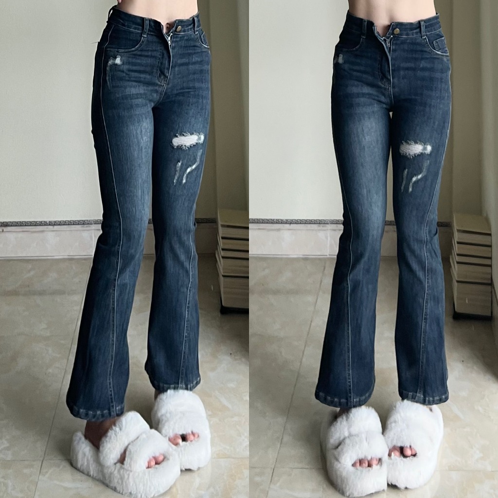 (Chất Đẹp ) Quần jeans ống loe xanh dậm xước đùi Yến Tee,thiết kế gấu may lệch mới 2024