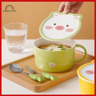 Tô mì ăn liền bằng gốm sứ có nắp đậy hình động vậy siêu đáng yêu