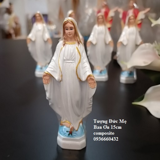 Tượng Đức Mẹ Ban Ơn 15cm composite màu trắng hoặc xanh dương, trang trí xe hơi, bàn học, quà tặng