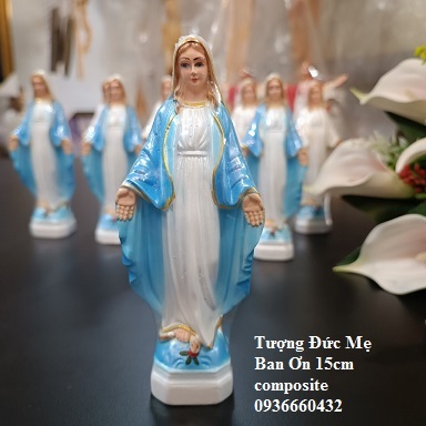 Tượng Đức Mẹ Ban Ơn 15cm composite màu trắng hoặc xanh dương, trang trí xe hơi, bàn học, quà tặng