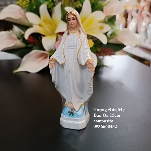 Tượng Đức Mẹ Ban Ơn 15cm composite màu trắng hoặc xanh dương, trang trí xe hơi, bàn học, quà tặng