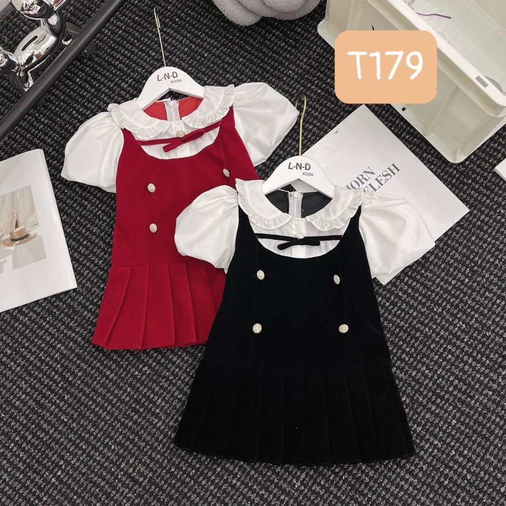 T179 Đầm nhung sơ mi 6 khuy vàng cho bé gái