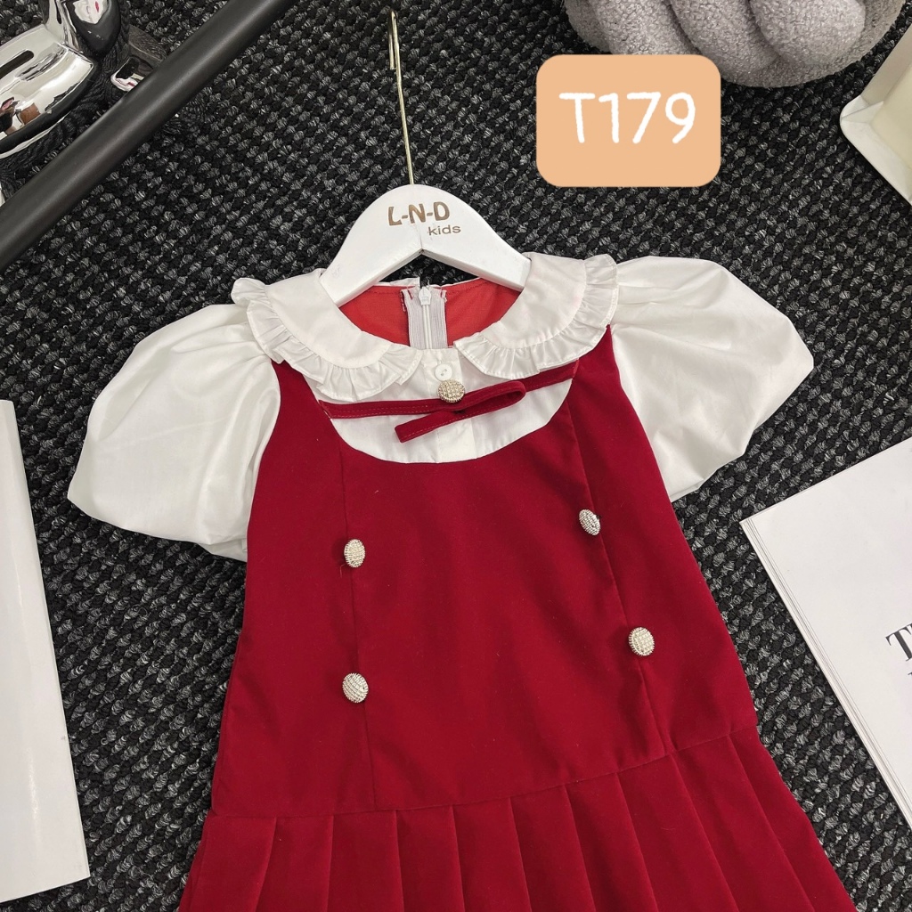T179 Đầm nhung sơ mi 6 khuy vàng cho bé gái