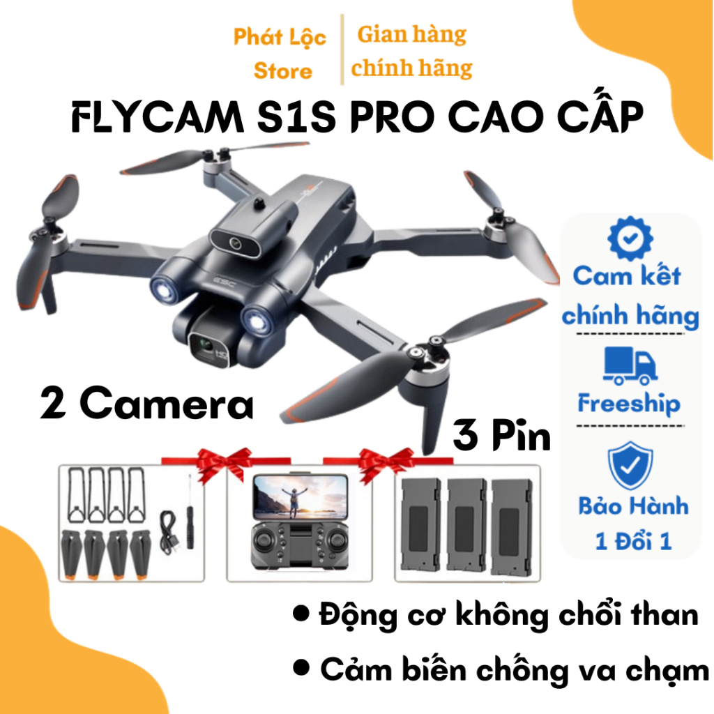 Máy bay không người lái mini Flycam S1S Pro, Play camera Tránh chướng ngại vật, Động cơ không chổi than