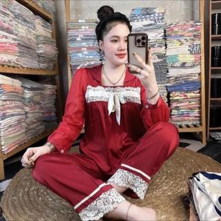Bộ ngủ ngủ mặc ở nhà tay dài cổ sen vuông phối ren trắng lụa xước trơn đồ pijama nữ cao cấp size 40-60 kg