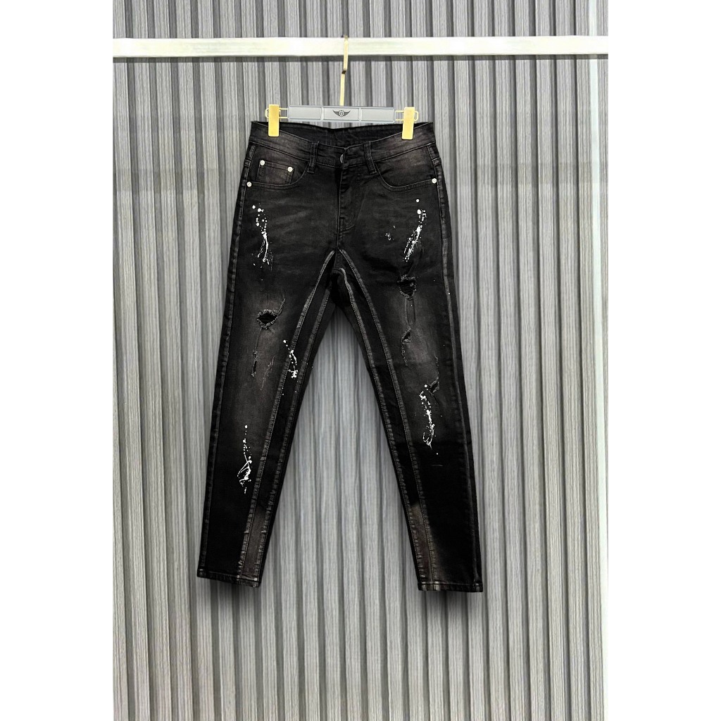 Quần jean nam amiri slimfit wash xanh vàng in hình cây dừa phối rách tua gối xanh sẫm