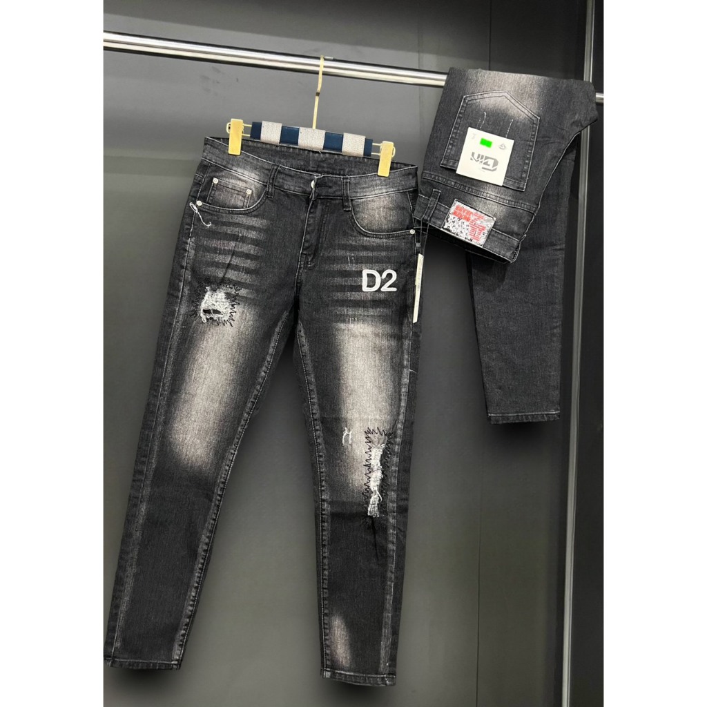 Quần jean nam amiri slimfit wash xanh vàng in hình cây dừa phối rách tua gối xanh sẫm