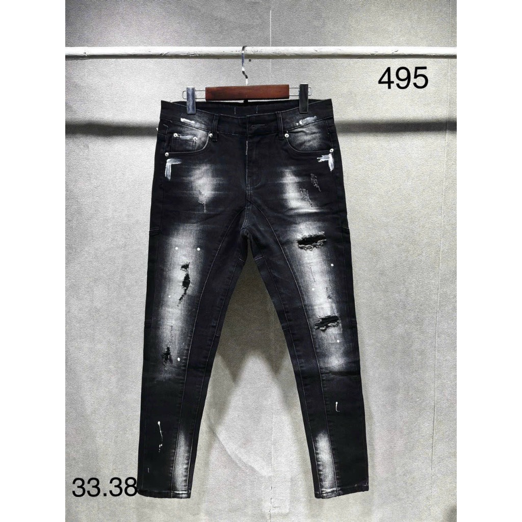 Quần jean nam amiri slimfit wash xanh vàng in hình cây dừa phối rách tua gối xanh sẫm