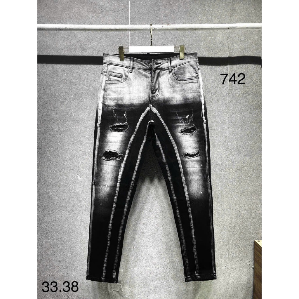 Quần jean nam amiri slimfit wash xanh vàng in hình cây dừa phối rách tua gối xanh sẫm