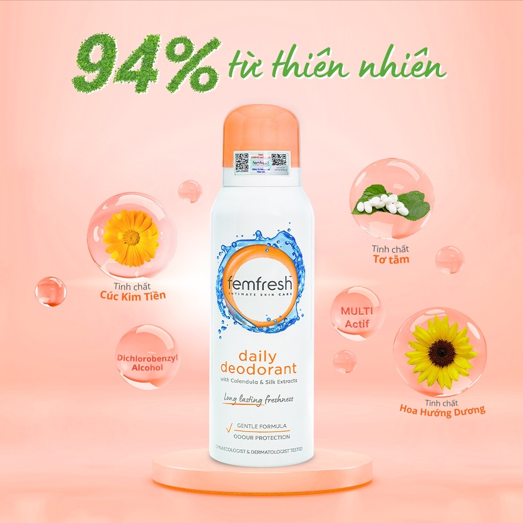[CHÍNH HÃNG] Xịt Thơm Mát, Khử Mùi Vùng Kín Lưu Hương Suốt 24h Femfresh Deodorant Spray 125ml