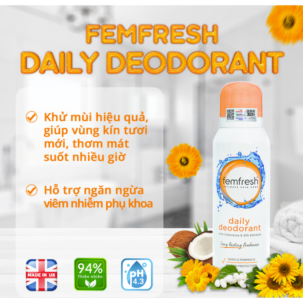 [CHÍNH HÃNG] Xịt Thơm Mát, Khử Mùi Vùng Kín Lưu Hương Suốt 24h Femfresh Deodorant Spray 125ml