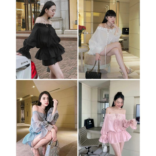 Set áo ren trắng cổ bèo thắt nơ chân váy midi