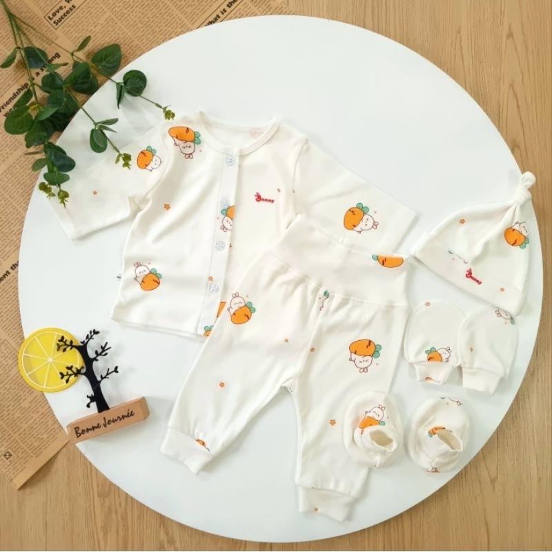 Bộ sơ sinh bé gái cao cấp Bunnybaby bao gồm nón vớ, size 0-3 tháng