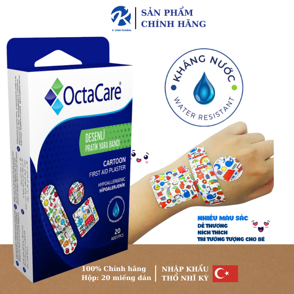 Băng Dính Sơ Cứu Hoạt Hình Dành Cho Trẻ Em, Tiệt Trùng, Bóc Không Đau, Không Thấm Nước Octacare - Hộp 20 Miếng
