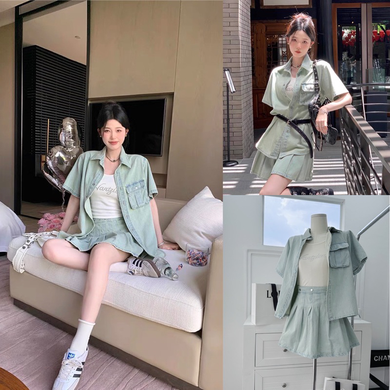 SET ÁO CROP DENIM CHOÀNG CỔ ĐAN EO + CHÂN VÁY MIDI 2M