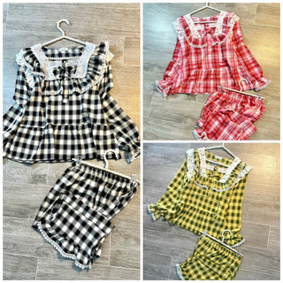 Bộ caro tay dài tiểu thư phối ren. vải mango mềm, mịn ko nhăn. quần có túi
