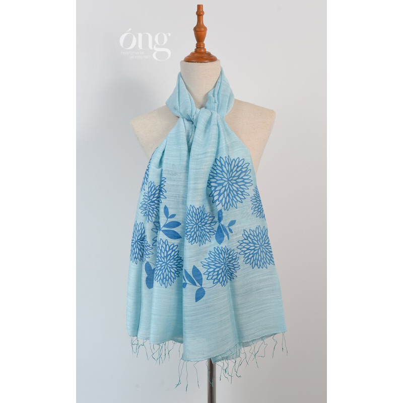 Khăn choàng lụa tơ tằm in họa tiết hoa đào chân khăn -70*180cm - 50% Silk 50% Linen - Óng Silk - Mềm mịn, thoáng nhẹ