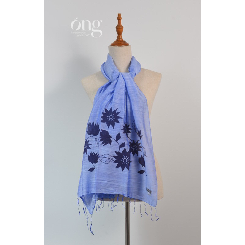 Khăn choàng lụa tơ tằm in họa tiết hoa đào chân khăn -70*180cm - 50% Silk 50% Linen - Óng Silk - Mềm mịn, thoáng nhẹ