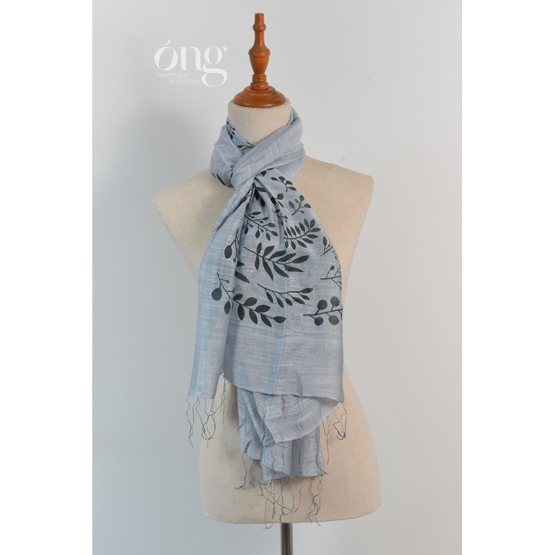 Khăn choàng lụa tơ tằm in họa tiết hoa đào chân khăn -70*180cm - 50% Silk 50% Linen - Óng Silk - Mềm mịn, thoáng nhẹ