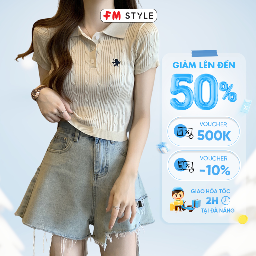 Áo cardigan nữ FMSTYLE tay ngắn cổ polo chất len dệt kim gân 3 nút thêu hình phong cách Hàn Quốc 209050096