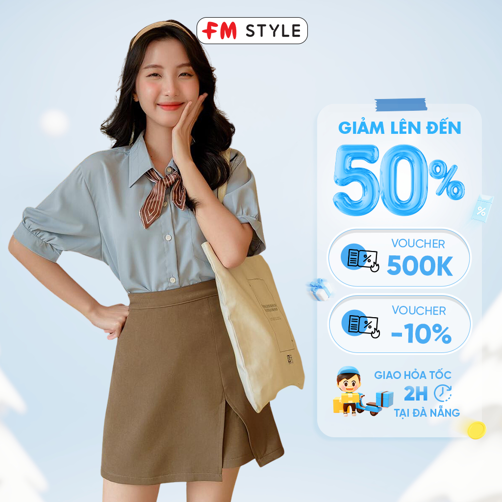 Áo sơ mi nữ tay ngắn FM Style vintage form rộng họa tiết trơn basic lai bầu kèm nơ siêu xinh thời trang 205090046