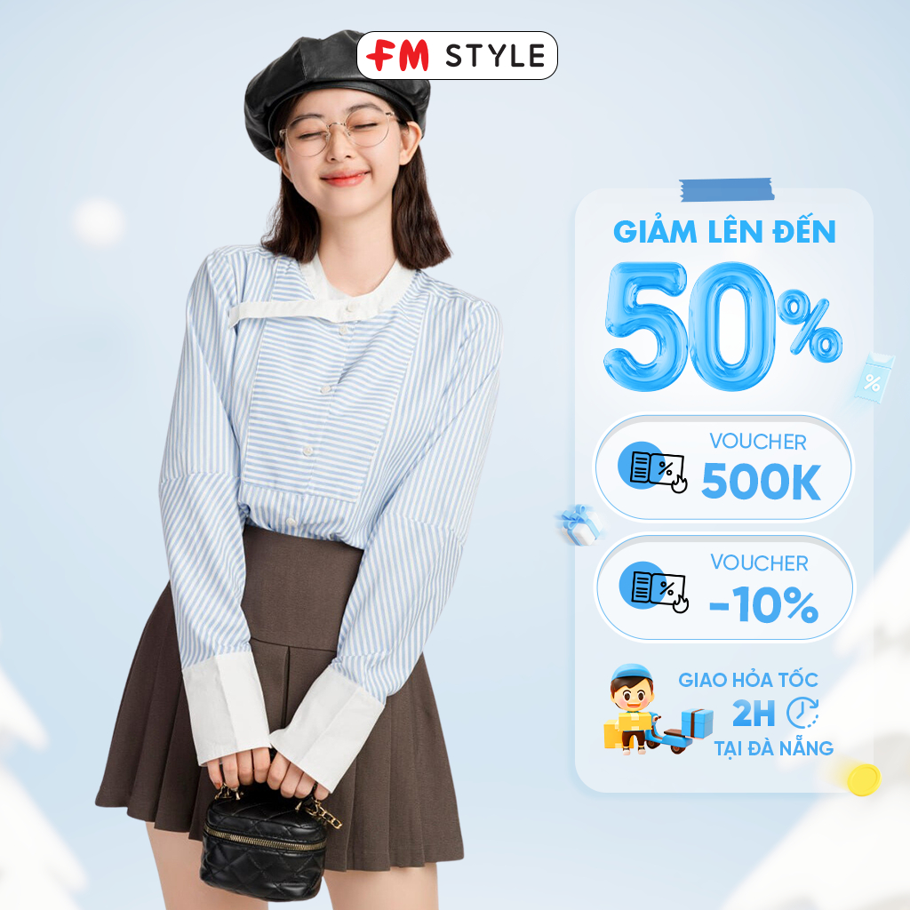 Áo sơ mi nữ kiểu FMSTYLE tay dài cổ tàu trụ chất Cotton cao cấp thiết kế kẻ sọc hách dáng thời trang Hàn Quốc 23080371