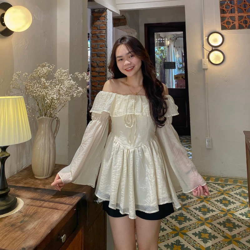 Áo kiểu nữ trễ vai tay loe dáng xoè chất đũi nhăn hai lớp dày dặn có đệm vai