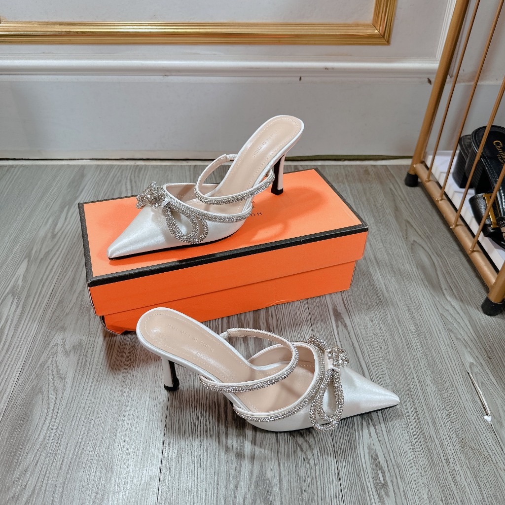 Giày sục nơ đá bạc mũi nhọn gót 7cm Fullbox