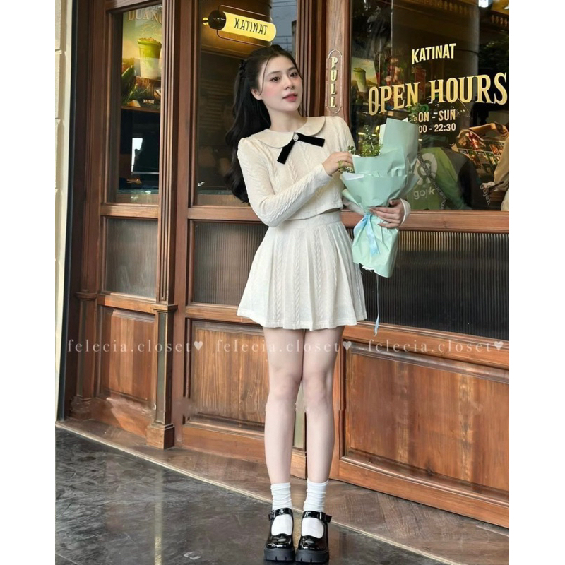 Set Len Áo Nờ Dài Tay mix Chân Váy ly