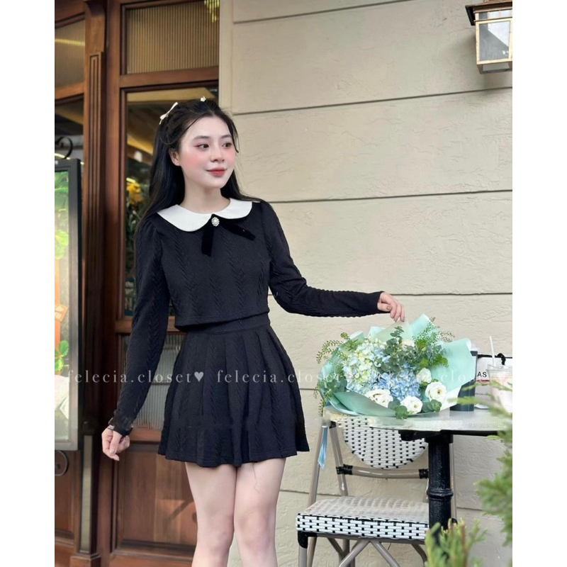 Set Len Áo Nờ Dài Tay mix Chân Váy ly