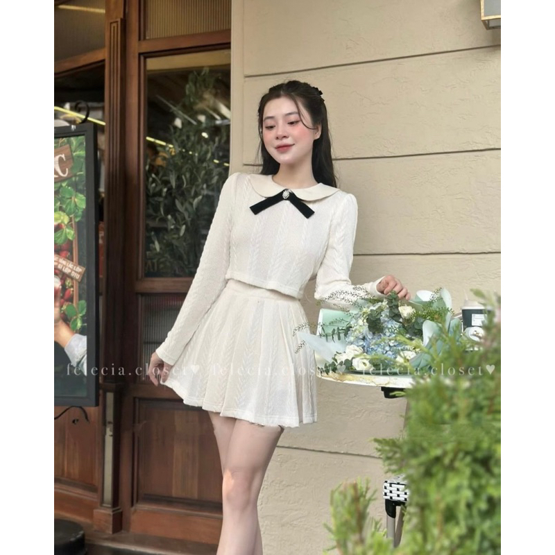 Set Len Áo Nờ Dài Tay mix Chân Váy ly