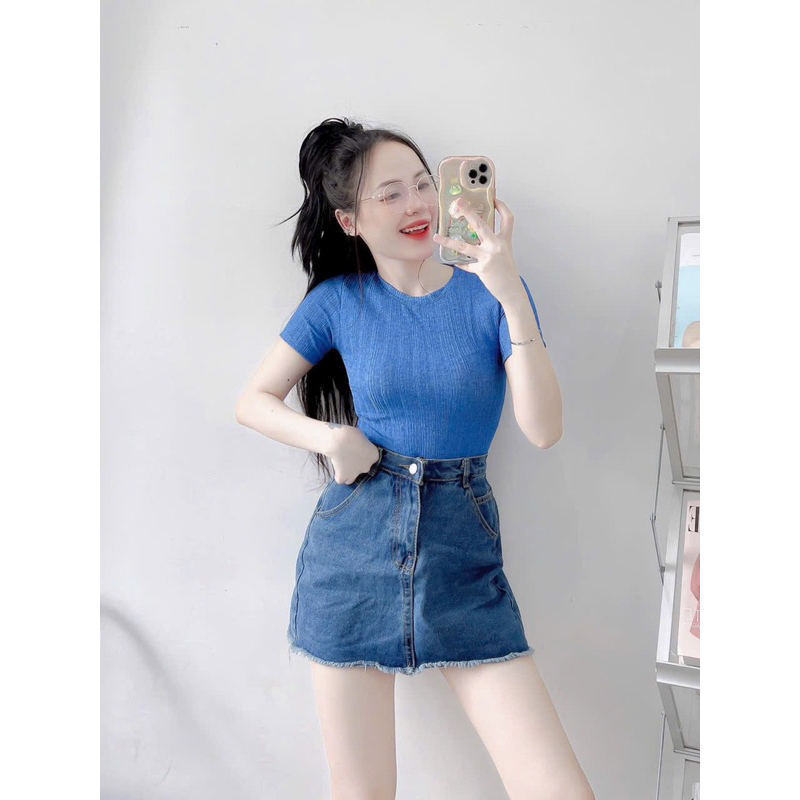 Áo thun gân form ôm hot tay ngắn cổ tròn chất co giãn dáng body giá rẻ dành cho nữ