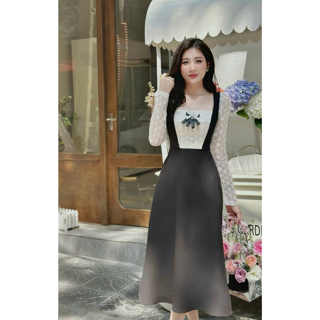 ĐẦM VÁY MAXI NỮ PHỐI REN DÀI TAY KÈM HOÁ ĐÍNH PHÍA TRƯỚC