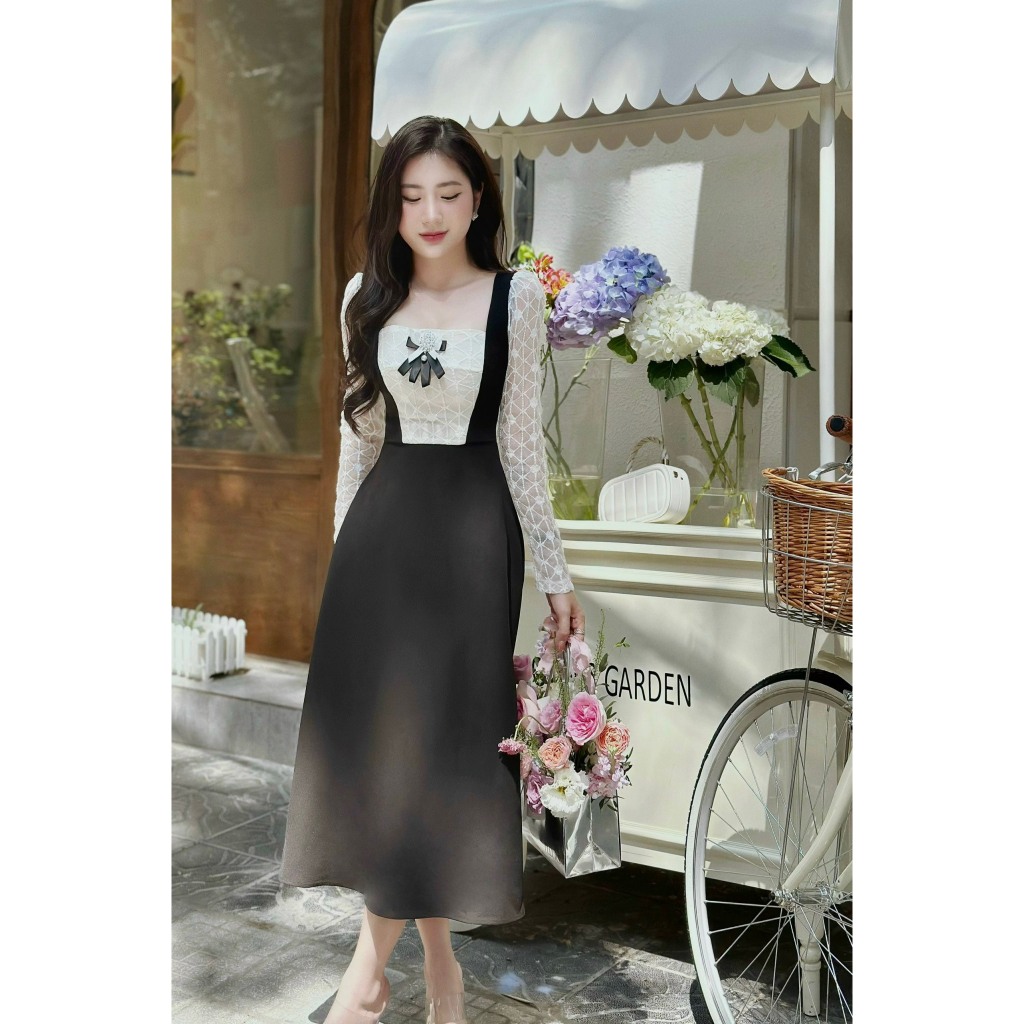 ĐẦM VÁY MAXI NỮ PHỐI REN DÀI TAY KÈM HOÁ ĐÍNH PHÍA TRƯỚC