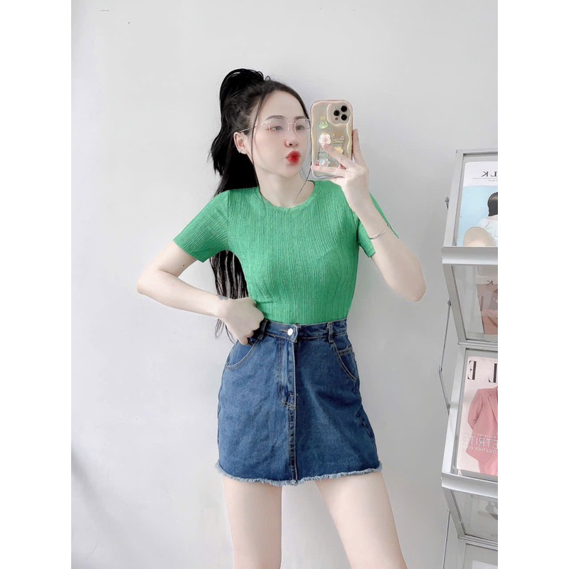 Áo thun gân form ôm hot tay ngắn cổ tròn chất co giãn dáng body giá rẻ dành cho nữ
