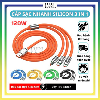 Cáp sạc nhanh silicon 120w, cáp sạc nhanh 3 đầu, vỏ silicon, đầu hợp kim siêu bền
