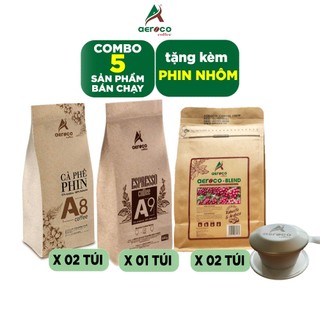  COMBO 05 TÚI CÀ PHÊ AEROCO_02 TÚI A8 250G + 01 TÚI A9 HẠT RANG CHƯA XAY 500G + 02 TÚI BLEND 250G